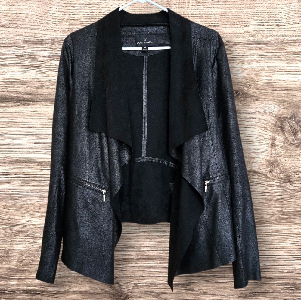 Worthington Open Black Faux Leather Jacket Zip Detail Goth Punk Lightweight /M - Picture 2 of 9